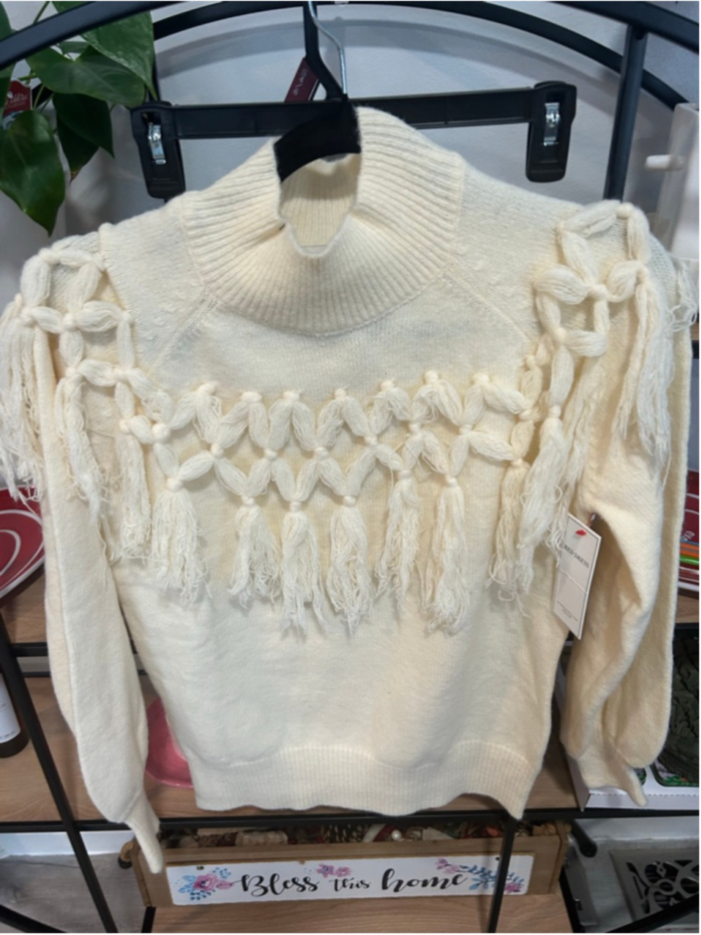 Women's FABLE Cream Cowl Neck Sweater with Tassels Size L
